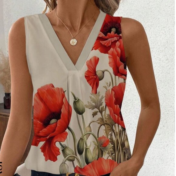 NEW Sz S Red Poppy Office Casual V-neck Summer Top - Picture 4 of 4